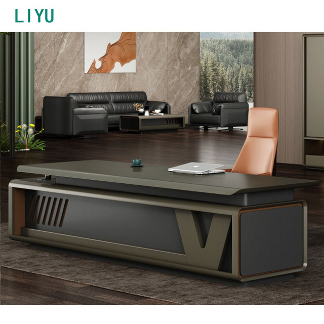 Liyu Luxury Executive Smart Table Desk with Screen Projection Sub-Cabinet Modern Wooden Standing Desk Monitor for CEO