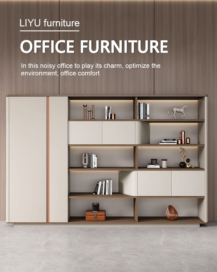 Modern wooden filing cabinet front view in a professional office setting